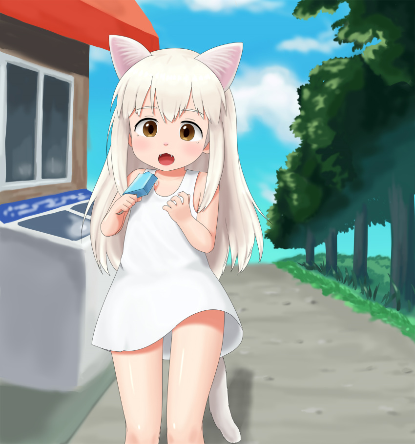 2017 amber_eyes animal_humanoid blonde_hair cat_humanoid child clothing cloud dress fangs feline female food hair humanoid long_hair mammal mitokon_dorian open_mouth outside popsicle sky solo tree young