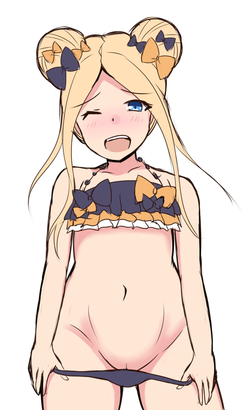 ;d abigail_williams_(fate/grand_order) absurdres bangs bare_arms bare_shoulders bikini bikini_pull black_bikini black_bow blonde_hair blue_eyes blush bow collarbone commentary_request cowboy_shot double_bun emerald_float eyebrows_visible_through_hair fate/grand_order fate_(series) groin hair_bow head_tilt highres long_hair looking_at_viewer mitchi navel nose_blush one_eye_closed open_mouth orange_bow parted_bangs pulled_by_self pussy round_teeth side_bun smile solo swimsuit teeth upper_teeth very_long_hair