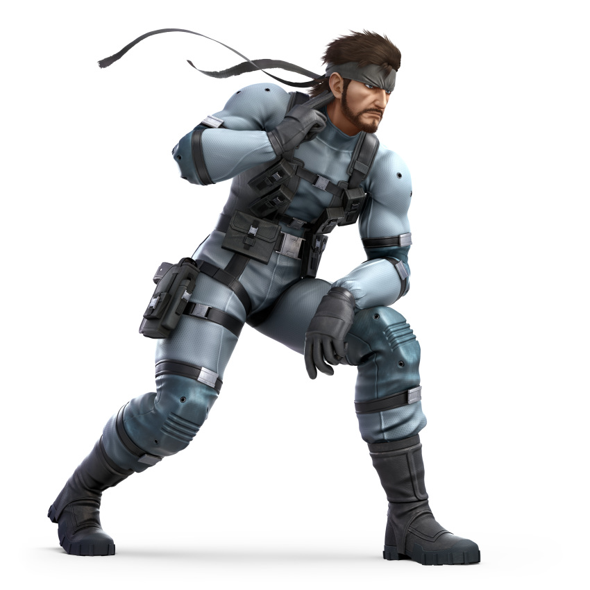 3d absurdres bandana beard brown_hair facial_hair full_body gloves gun headband highres male_focus metal_gear_(series) metal_gear_solid mustache official_art sneaking_suit solid_snake solo super_smash_bros. super_smash_bros._ultimate transparent_background weapon