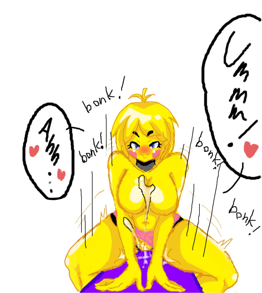 &lt;3 big_breasts blonde_hair blue_eyes blush breasts clothing cowgirl_position cum cum_on_arm cum_on_breasts cum_on_leg english_text female five_nights_at_freddy's five_nights_at_freddy's_2 five_nights_in_anime hair hi_res looking_at_viewer male male/female meme on_top panties panties_aside purple_guy_(fnaf) sex smile text toy_chica_(fnaf) trollface underwear underwear_aside unknown_artist video_games yellow_skin