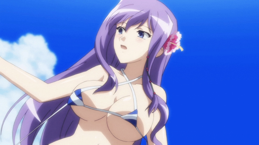 00s 1girl animated animated_gif areolae assisted_exposure bikini blush bouncing_breasts breasts covering covering_breasts eyes_closed hair_ornament koihime_musou kouchuu large_breasts long_hair milf navel nipples open_mouth purple_hair sky solo swimsuit wardrobe_malfunction