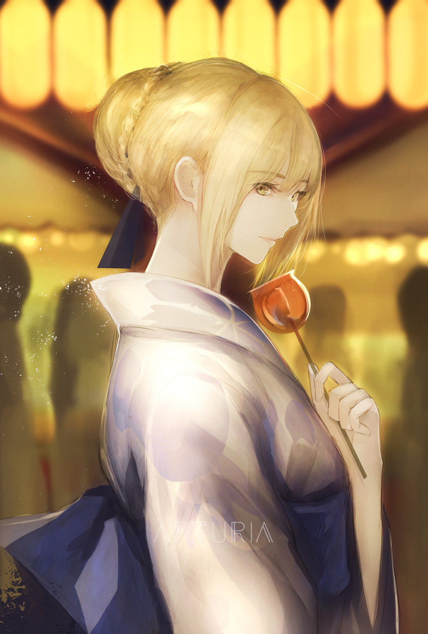 artoria_pendragon_(all) bangs blonde_hair blue_bow bow braid brown_eyes candy_apple character_name closed_mouth commentary_request eyebrows_visible_through_hair fate/stay_night fate_(series) food hair_between_eyes hair_bun hand_up highres holding holding_food japanese_clothes kimono lantern long_sleeves looking_at_viewer looking_to_the_side marumoru obi paper_lantern saber sash sidelocks solo transparent white_kimono wide_sleeves