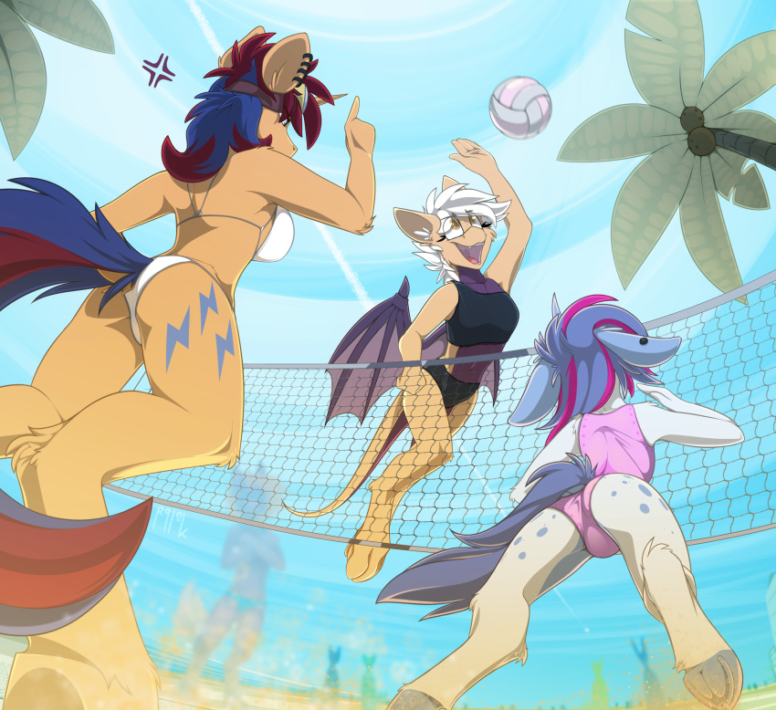 2018 5_fingers anthro ball bat_wings beach bikini blue_hair breasts brown_eyes butt clothed clothing coconut cutie_mark detailed_background dock dragon dragon_pony ear_piercing equine eyebrows eyelashes eyewear fan_character fangs female floppy_ears food fruit fur goggles grey_eyes hair hi_res hooves horn hybrid inner_ear_fluff jumping mammal membranous_wings multicolored_hair my_little_pony navel net one-piece_swimsuit open_mouth open_smile outside palm_tree paws piercing ralekarts red_hair sand seaside short_hair sky slit_pupils smile sport standing sweet_voltage swimsuit teeth tongue tree two_tone_hair underhoof unicorn volleyball white_hair wings