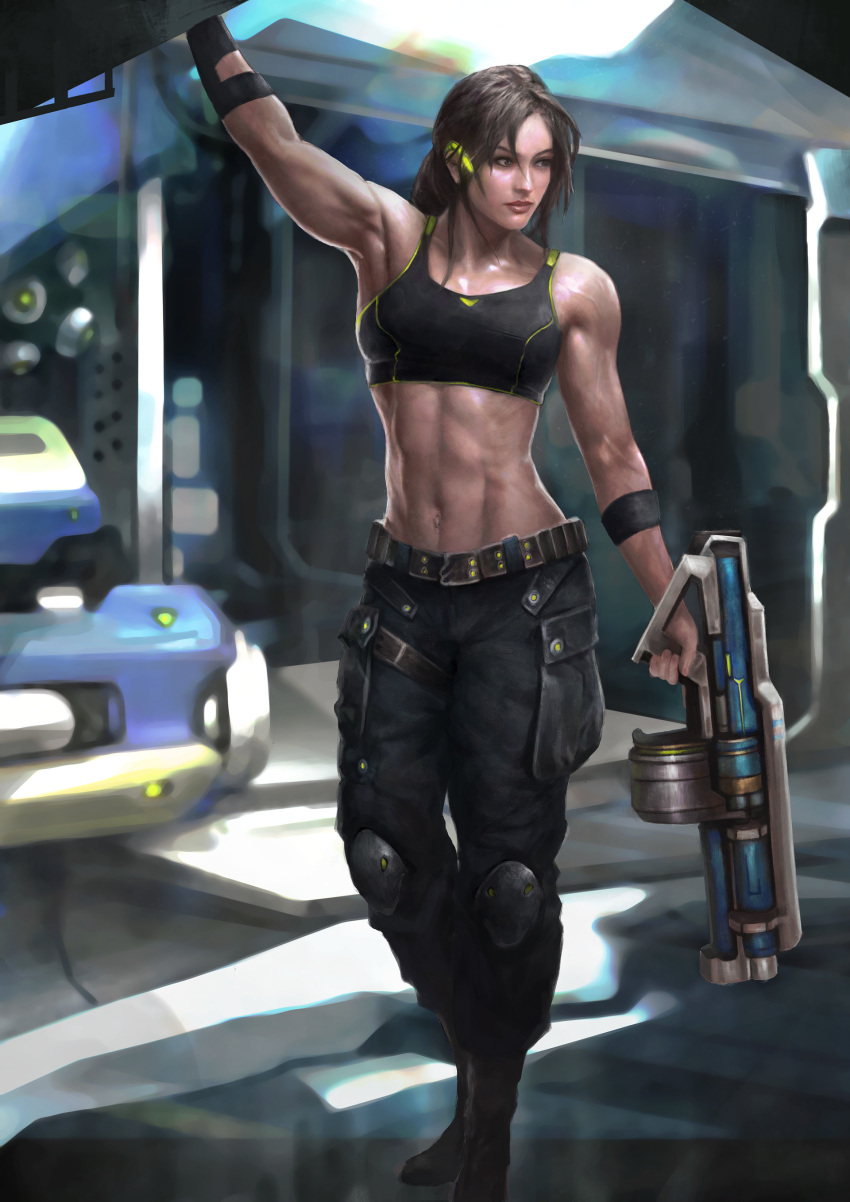 abs absurdres arm_up battle_rifle black_hair breasts cargo_pants cover_image earpiece full_body gun headset highres knee_pads lips long_hair low_ponytail midriff muscle muscular_female navel nose omu_upied original pants realistic rifle science_fiction small_breasts solo sports_bra standing weapon wristband