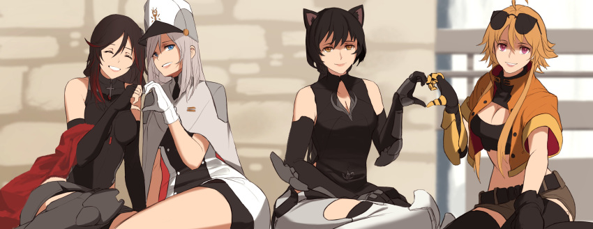absurdres ahoge alternate_costume alternate_hairstyle alternate_universe animal_ears blake_belladonna breasts cat_ears cleavage cleavage_cutout closed_eyes commentary cosplay cross dishwasher1910 gloves hat highres multiple_girls prosthesis prosthetic_arm real_life_insert ruby_rose rwby weiss_schnee yang_xiao_long