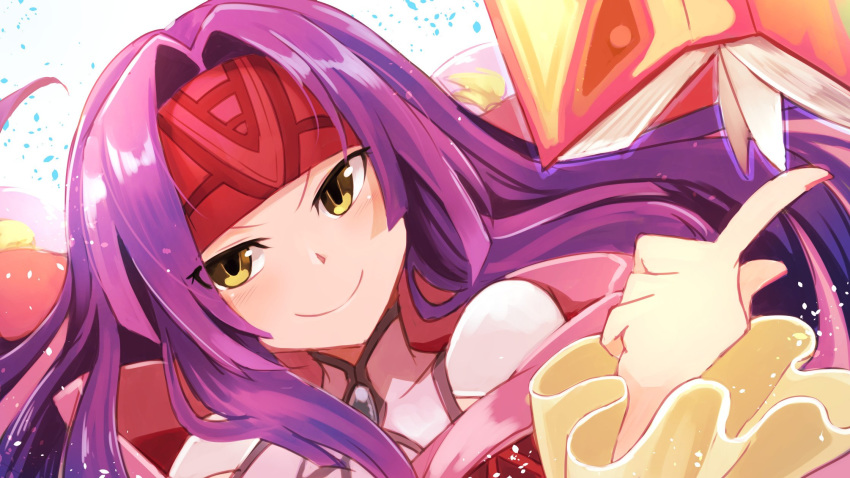 book closed_mouth commentary_request fire_emblem fire_emblem:_akatsuki_no_megami fire_emblem:_souen_no_kiseki headband highres long_hair nakabayashi_zun open_book pointing purple_hair red_headband sanaki_kirsch_altina simple_background smile solo white_background yellow_eyes