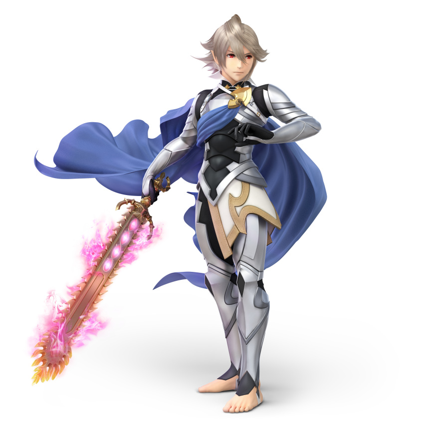 3d absurdres armor barefoot cape fire fire_emblem fire_emblem_if full_body gloves hair_between_eyes highres male_focus male_my_unit_(fire_emblem_if) mamkute my_unit_(fire_emblem_if) official_art pointy_ears red_eyes short_hair silver_hair super_smash_bros. super_smash_bros._ultimate sword transparent_background weapon white_hair