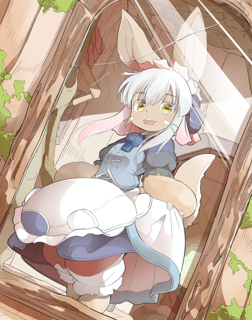 :3 alternate_costume animal_ears commentary cosplay costume_switch enmaided furry highres horizontal_pupils made_in_abyss maid maid_headdress maruruk maruruk_(cosplay) minato_nao nanachi_(made_in_abyss) solo tail whiskers whistle white_hair yellow_eyes