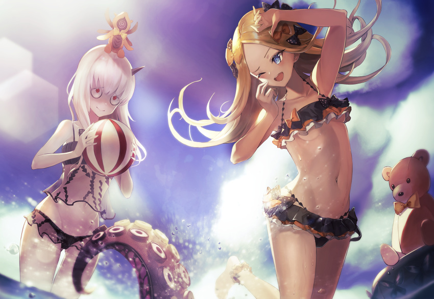 ;d abigail_williams_(fate/grand_order) arm_up bags_under_eyes ball bangs bare_arms bare_shoulders beachball bikini black_bikini black_bow blonde_hair blue_eyes blue_sky bow breasts bug butterfly cloud collarbone commentary_request day demon_girl dutch_angle emerald_float fate/grand_order fate_(series) forehead groin hair_bow highres holding holding_ball horn insect lavinia_whateley_(fate/grand_order) long_hair multiple_girls navel one_eye_closed open_mouth orange_bow outdoors parted_bangs polka_dot polka_dot_bow red_eyes sachi_(160332) see-through silver_hair sky small_breasts smile standing standing_on_one_leg stuffed_animal stuffed_toy suction_cups swimsuit teddy_bear tentacles very_long_hair water wide-eyed