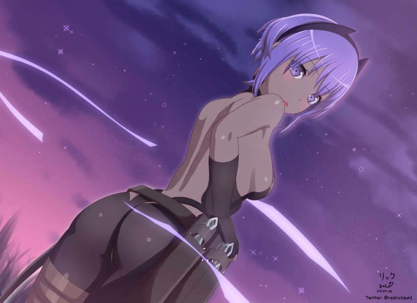 absurdres ass backless_outfit bandaged_leg bandages bangs bare_back bare_shoulders belt black_bodysuit black_gloves black_hairband blush bob_cut bodysuit breasts cloud cloudy_sky commentary dark_skin dated dutch_angle elbow_gloves eyebrows_visible_through_hair fate/prototype fate/prototype:_fragments_of_blue_and_silver fate_(series) fingerless_gloves from_behind gloves hairband hassan_of_serenity_(fate) highres hoshizora_rick looking_at_viewer looking_back loose_belt medium_breasts night night_sky open_mouth outdoors purple_eyes purple_hair purple_sky short_hair signature sky solo standing star_(sky) starry_sky twitter_username
