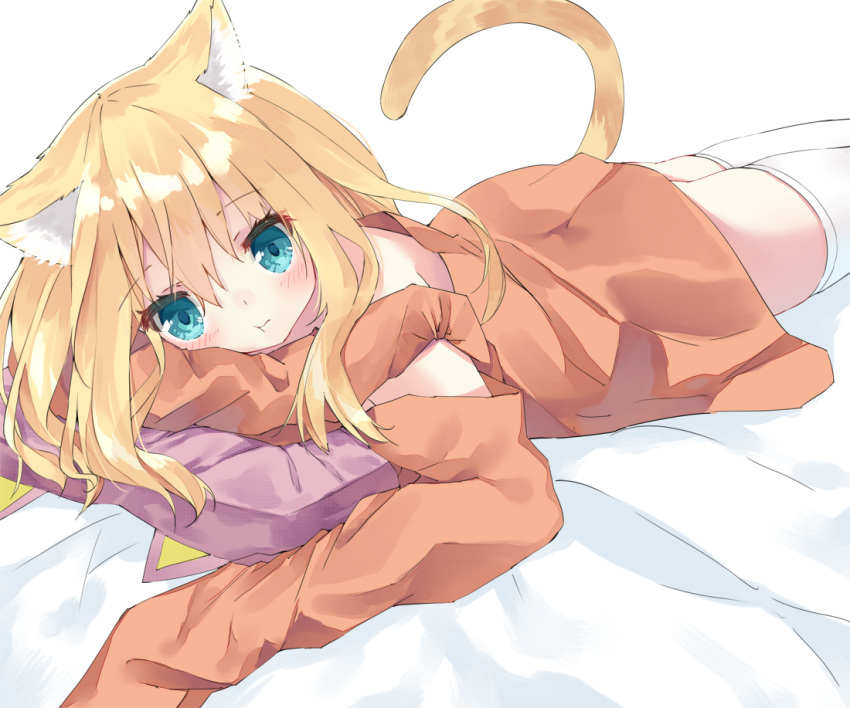 :t animal_ear_fluff animal_ears aqua_eyes bangs bare_shoulders bed_sheet blonde_hair blush cat_ears cat_girl cat_tail closed_mouth commentary_request eyebrows_visible_through_hair hair_between_eyes hamaru_(s5625t) head_tilt long_hair long_sleeves looking_at_viewer lying off_shoulder on_stomach orange_shirt original pillow pout shirt sleeves_past_fingers sleeves_past_wrists solo tail tail_raised thighhighs white_legwear