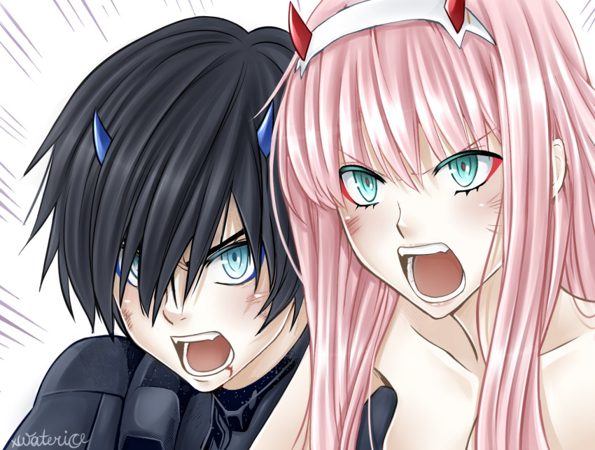 1girl bangs black_bodysuit black_hair blood blood_from_mouth blue_eyes blue_horns bodysuit collarbone commentary couple darling_in_the_franxx dirty dirty_face english_commentary eyebrows_visible_through_hair fangs green_eyes hair_ornament hair_over_one_eye hairband hetero hiro_(darling_in_the_franxx) horns injury long_hair oni_horns open_mouth pilot_suit pink_hair red_horns screaming shirtless signature white_hairband xwaterice zero_two_(darling_in_the_franxx)
