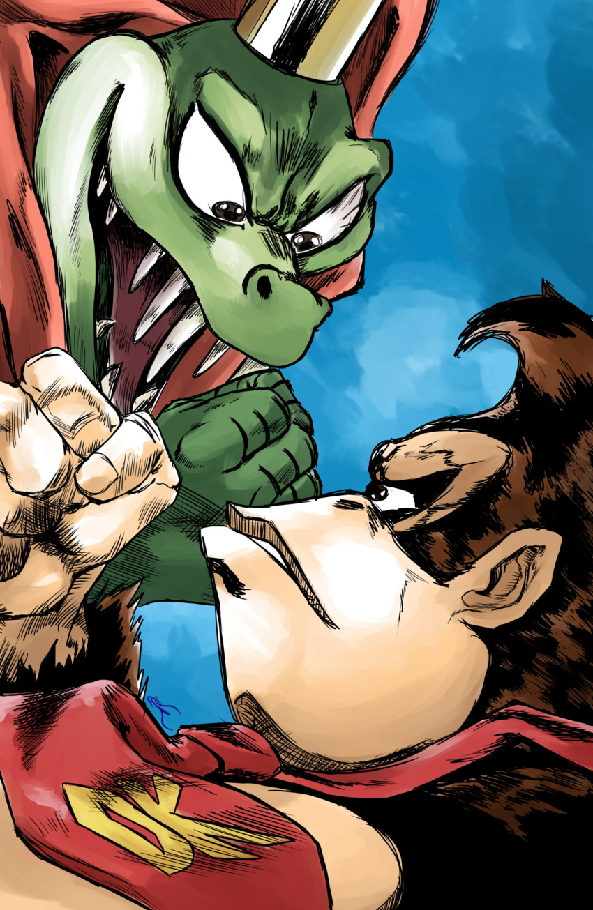 araki_hirohiko_(style) bloodshot_eyes blue_background cape clenched_hand commentary cosmicam crocodile crocodilian crown donkey_kong donkey_kong_(series) donkey_kong_country english_commentary evil_smile eye_contact fangs gorilla highres jojo_no_kimyou_na_bouken king_k._rool looking_at_another male_focus multiple_boys necktie parody red_cape rivalry simple_background sketch smile stardust_crusaders style_parody super_smash_bros. super_smash_bros._ultimate