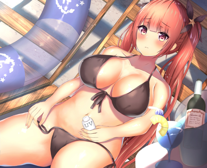azur_lane bad_anatomy bangs bare_shoulders beach bikini black_ribbon blue_innertube blush bottle breasts closed_mouth collarbone commentary_request crazy_straw cup day drink drinking_glass drinking_straw eyebrows_visible_through_hair hair_between_eyes hair_ornament hair_ribbon holding honolulu_(azur_lane) houraku innertube large_breasts long_hair looking_at_viewer lying navel on_back outdoors red_eyes red_hair ribbon sand side-tie_bikini solo star star_hair_ornament swimsuit transparent twintails untied untied_bikini very_long_hair