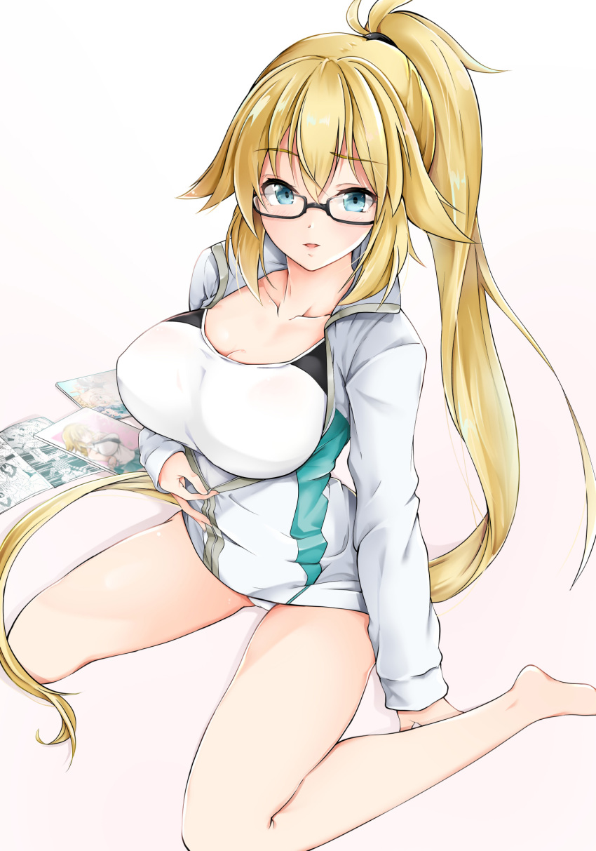 bare_legs blonde_hair blue_eyes breasts cleavage collarbone commentary_request competition_swimsuit fate/grand_order fate_(series) glasses gradient gradient_background highres impossible_clothes impossible_swimsuit jacket jeanne_d'arc_(fate)_(all) jeanne_d'arc_(swimsuit_archer) large_breasts long_hair looking_at_viewer manga_(object) one-piece_swimsuit parted_lips ponytail semi-rimless_eyewear sezoku simple_background sitting solo spread_legs swimsuit unzipped unzipping very_long_hair wariza