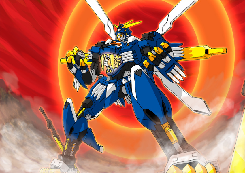 blade_liger claws commentary_request crossover fangs fighting_stance fusion g_gundam glowing glowing_eyes god_gundam gundam humanoid_robot kevinayama lion mecha mechanization no_humans open_mouth roaring solo super_robot sword teeth translation_request weapon zoids zoids_chaotic_century