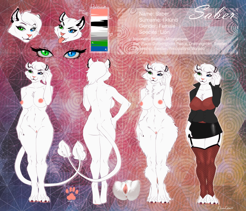 2018 anthro anus big_breasts blue_eyes breasts business_woman butt chest_tuft claws clothed clothing digital_media_(artwork) eleacat fangs feline female fluffy fur green_eyes hair heterochromia hi_res legwear lion mammal mature_female miniskirt nipples nude pussy saber_(firestorm3) skirt smile solo standing stockings teeth thigh_highs tongue tuft voluptuous white_fur wide_hips winter_coat