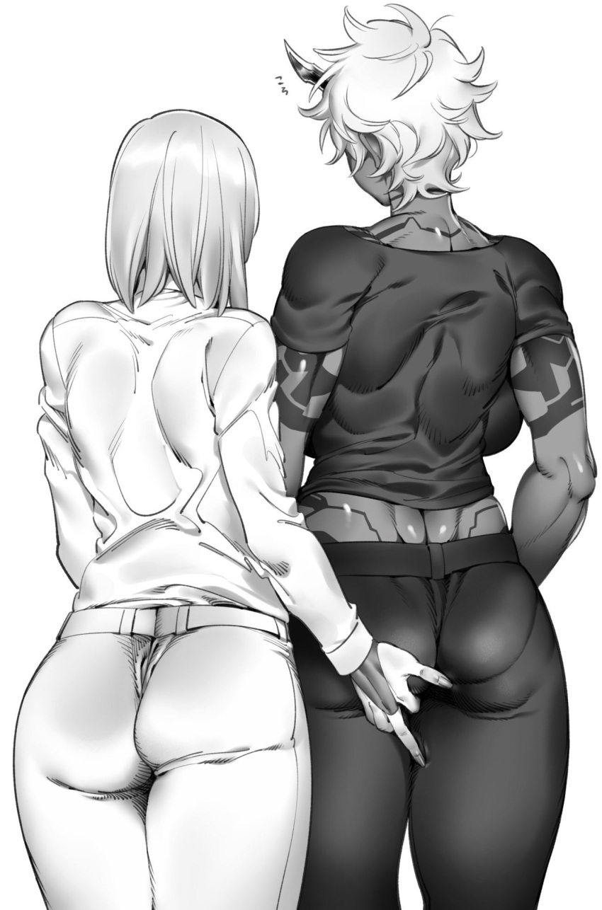 ass ass_grab body_markings breasts commentary_request cowboy_shot dark_skin facing_away from_behind greyscale height_difference highres horns huge_breasts long_sleeves medium_hair messy_hair monochrome multiple_girls pants phantasy_star phantasy_star_online_2 shirt short_hair short_sleeves simple_background standing straight_hair t-shirt white_background yuri zkstxxx