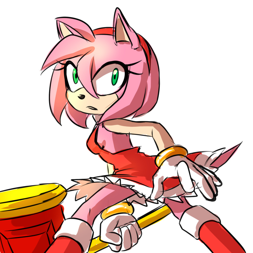 amy_rose anthro breasts butt_pose clothing di-dash female gloves green_eyes hammer hedgehog hi_res mammal simple_background solo sonic_(series) tools video_games