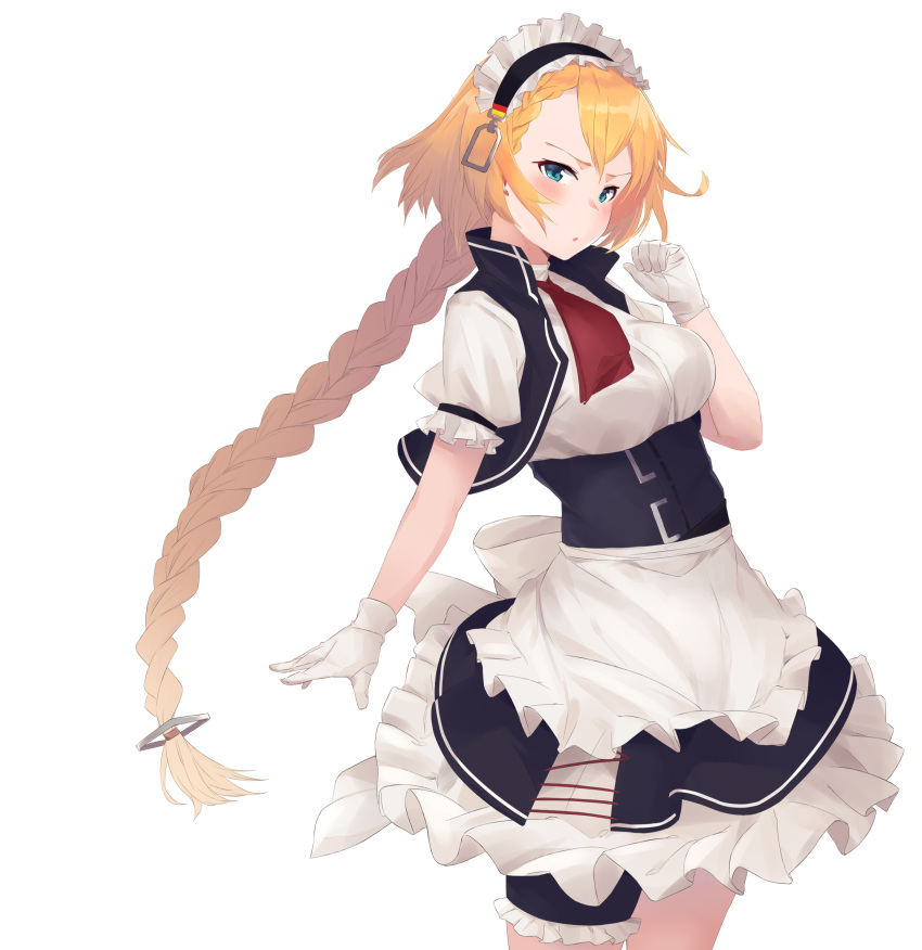 :o absurdres apron black_skirt black_vest blue_eyes blush braid breasts commentary_request corset cowboy_shot cravat cross-laced_clothes flag_print french_braid frilled_apron frilled_skirt frills g36_(girls_frontline) german_flag girls_frontline gloves hand_up highres leg_garter long_hair looking_at_viewer maid_apron maid_headdress medium_breasts open_clothes open_vest orange_hair parted_lips puffy_short_sleeves puffy_sleeves red_neckwear shiny shiny_hair shirt short_sleeves simple_background single_braid skirt u-st_(uweiter) underbust v-shaped_eyebrows very_long_hair vest waist_apron white_apron white_background white_gloves white_shirt