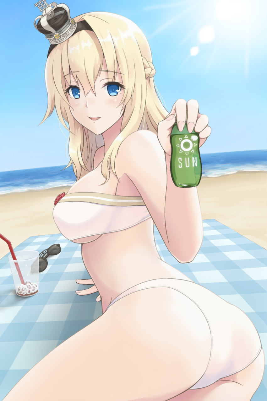 ass beach bikini blanket blonde_hair blue_eyes blue_sky blush braid breasts commentary_request crown cup day drinking_straw eyebrows_visible_through_hair french_braid from_behind hair_between_eyes highres kantai_collection kodama_(user_rnfr3534) large_breasts long_hair looking_at_viewer lotion lying mini_crown ocean open_mouth outdoors sky solo sun sunglasses sunlight sunscreen swimsuit warspite_(kantai_collection) white_bikini