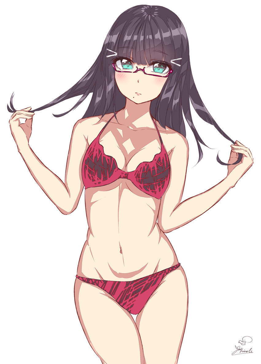 10s 1girl artist_name bespectacled bikini black_hair blush breasts cleavage eyebrows_visible_through_hair eyes_visible_through_hair glasses green_eyes hair_ornament hairclip hime_cut kaya_(yoshina9) kurosawa_dia large_breasts long_hair looking_at_viewer love_live! love_live!_sunshine!! navel revision signature simple_background solo standing swimsuit touching_hair white_background