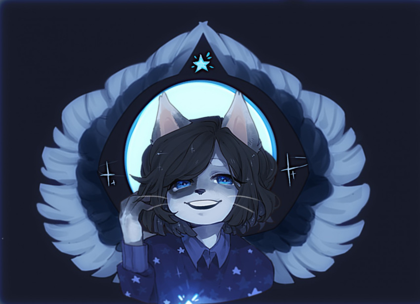 009w ambiguous_gender anthro black_hair blue_eyes cat clothing collar feathered_wings feathers feline fur grey_fur hair looking_at_viewer mammal shirt smile solo whiskers wings