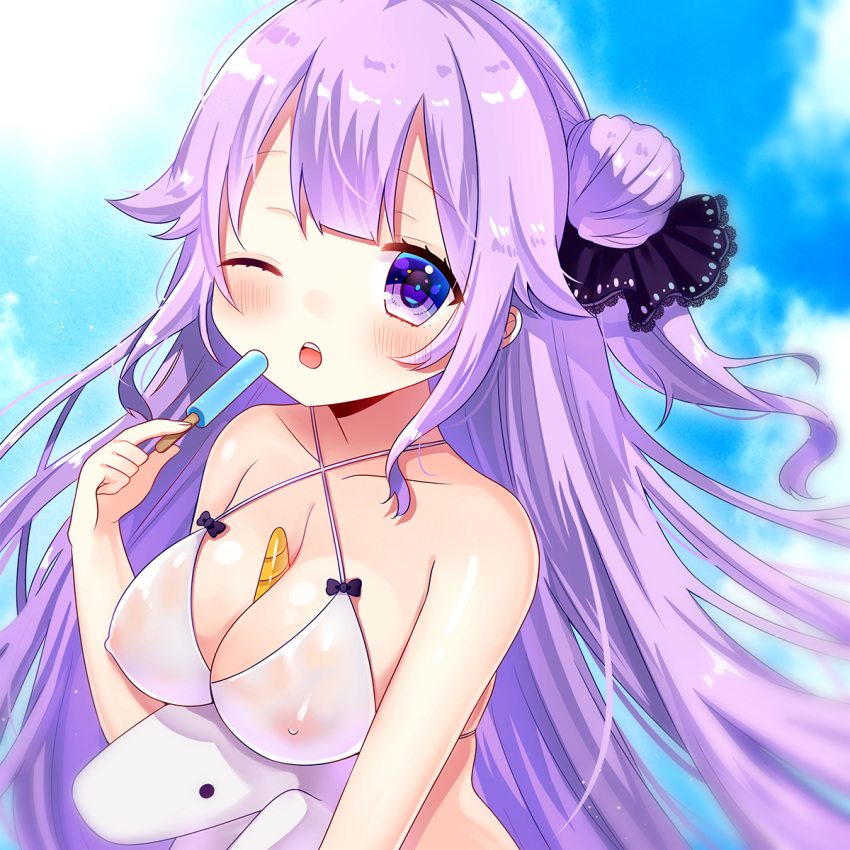 ;o adapted_costume azur_lane bangs bare_arms bare_shoulders between_breasts bikini black_bow black_ribbon blue_sky blush bow breasts cleavage cloud collarbone commentary_request covered_nipples criss-cross_halter day eyebrows_visible_through_hair food hair_bun hair_ribbon halter_top halterneck hand_up highres hinanosuke holding holding_food long_hair medium_breasts object_hug one_eye_closed one_side_up outdoors parted_lips popsicle purple_eyes purple_hair ribbon side_bun skindentation sky solo stuffed_alicorn stuffed_animal stuffed_toy swimsuit unicorn_(azur_lane) upper_teeth very_long_hair white_bikini