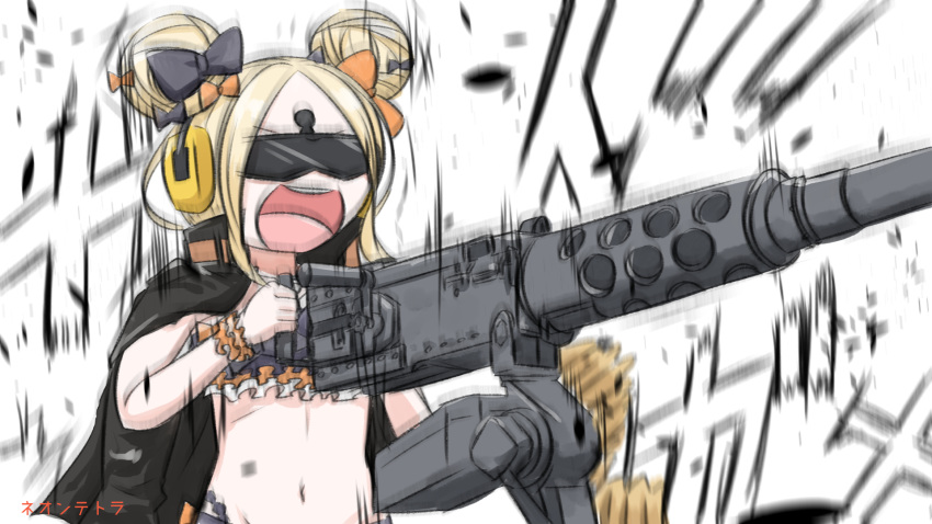 :d abigail_williams_(fate/grand_order) bangs bikini black_bikini black_bow black_jacket blonde_hair bow browning_m2 bullet commentary_request double_bun ear_protection emerald_float fate/grand_order fate_(series) firing goggles gun hair_bow highres holding holding_gun holding_weapon jacket jacket_on_shoulders keyhole long_hair machine_gun motion_blur navel neon-tetora open_mouth orange_bow parted_bangs round_teeth side_bun simple_background smile solo swimsuit teeth translation_request upper_teeth v-shaped_eyebrows weapon white_background