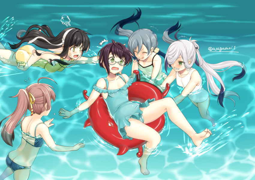 ahoge anger_vein asaga_aoi asashimo_(kantai_collection) ass bikini black_hair blue-framed_eyewear brown_hair casual_one-piece_swimsuit closed_eyes enemy_lifebuoy_(kantai_collection) fang green_eyes green_swimsuit grin hair_between_eyes hair_over_one_eye hair_ribbon innertube kantai_collection kazagumo_(kantai_collection) kiyoshimo_(kantai_collection) long_hair low_twintails multicolored_hair multiple_girls naganami_(kantai_collection) okinami_(kantai_collection) one-piece_swimsuit pink_hair ponytail remodel_(kantai_collection) ribbon short_hair silver_hair smile swimming swimsuit twintails twitter_username two-tone_hair water wavy_hair white_swimsuit yellow_eyes yellow_swimsuit