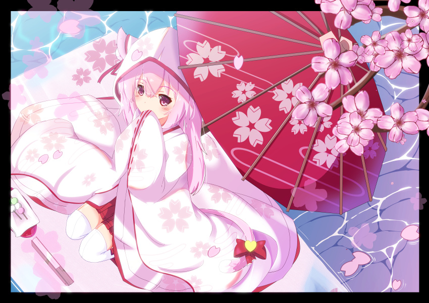 animal_ears azur_lane cat_ears cherry_blossoms commentary_request covering_mouth flower hand_to_own_mouth highres hood huge_filesize japanese_clothes kimono kisaragi_(azur_lane) long_hair nekoyanagi_(azelsynn) outdoors petals pink_eyes pink_hair red_skirt ribbon sitting skirt sleeves_past_wrists thighhighs uchikake umbrella water white_legwear