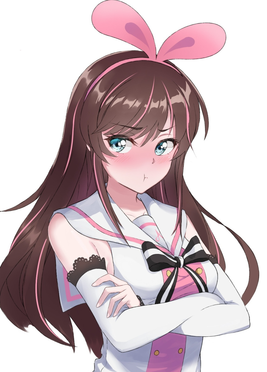 :t a.i._channel bangs blue_eyes blush brown_hair crossed_arms eyebrows_visible_through_hair hairband highres kizuna_ai lace-trimmed_sleeves long_hair looking_to_the_side multicolored_hair pink_hair pink_hairband pink_ribbon pout pouty_lips qian_yuan ribbon sailor_collar simple_background streaked_hair tsundere upper_body virtual_youtuber white_background white_sailor_collar
