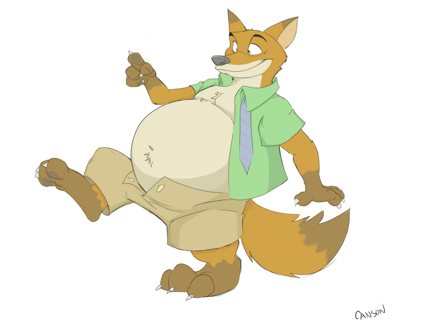 2018 anthro belly big_belly brown_fur canine canson claws clothing disney fox fur green_eyes hi_res male mammal necktie nick_wilde orange_fur overweight pants shirt simple_background smile unbuttoned white_background zootopia