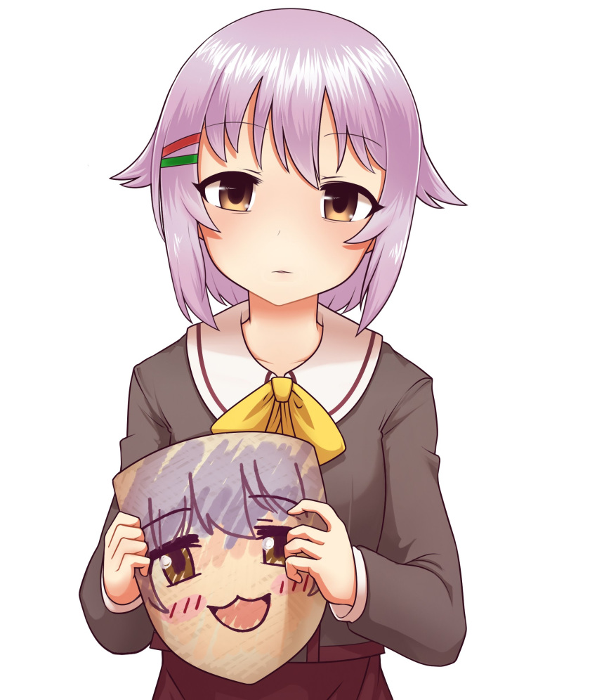 absurdres blush bow bowtie brown_eyes brown_shirt collarbone commentary expressionless eyebrows_visible_through_hair hair_ornament hairclip highres holding holding_mask idolmaster idolmaster_cinderella_girls jacy koshimizu_sachiko lavender_hair long_sleeves looking_at_viewer mask mask_removed parted_lips romaji_commentary sailor_collar shirt short_hair sidelocks simple_background solo white_background yellow_neckwear