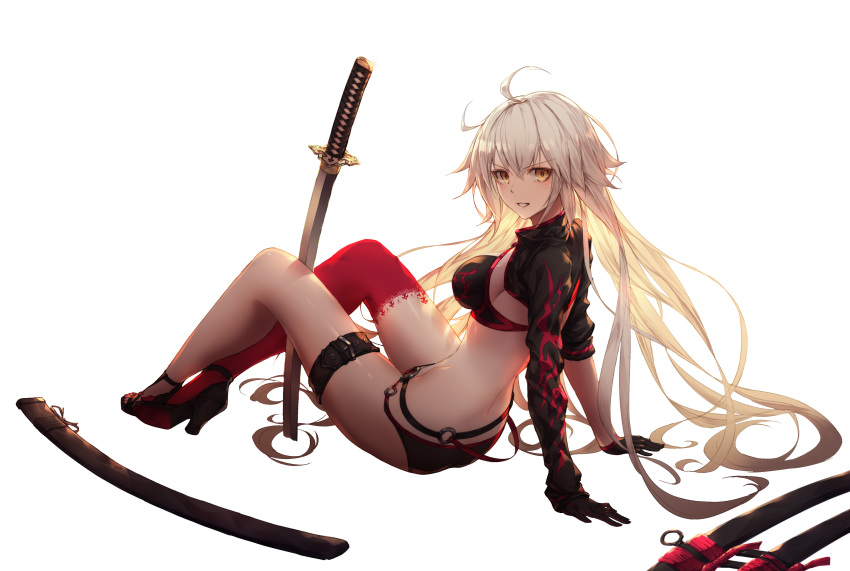 :d absurdres ahoge arm_support arms_behind_back asymmetrical_legwear bangs bikini black_bikini black_jacket blush breasts brown_eyes buckle commentary_request cropped_jacket crossed_ankles eyebrows_visible_through_hair fate/grand_order fate_(series) full_body gloves godoju hair_between_eyes high_collar high_heels highres jacket jeanne_d'arc_(alter_swimsuit_berserker) jeanne_d'arc_(fate)_(all) katana large_breasts leaning_back long_hair looking_at_viewer looking_to_the_side md5_mismatch o-ring o-ring_bikini o-ring_bottom open_mouth planted_sword planted_weapon reclining red_legwear sheath shrug_(clothing) silver_hair simple_background single_thighhigh sitting smile solo swimsuit sword thigh_strap thighhighs unsheathed v-shaped_eyebrows very_long_hair weapon white_background yellow_eyes