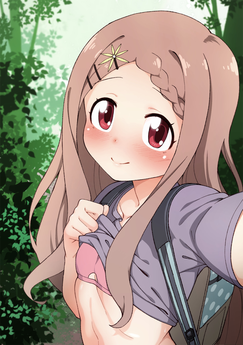 aoba_kokona backpack bag blush bra brown_hair closed_mouth commentary_request day forest hair_ornament hairclip hayashi_keita highres lifted_by_self long_hair looking_at_viewer nature outdoors pink_bra reaching_out self_shot smile solo training_bra underwear upper_body yama_no_susume