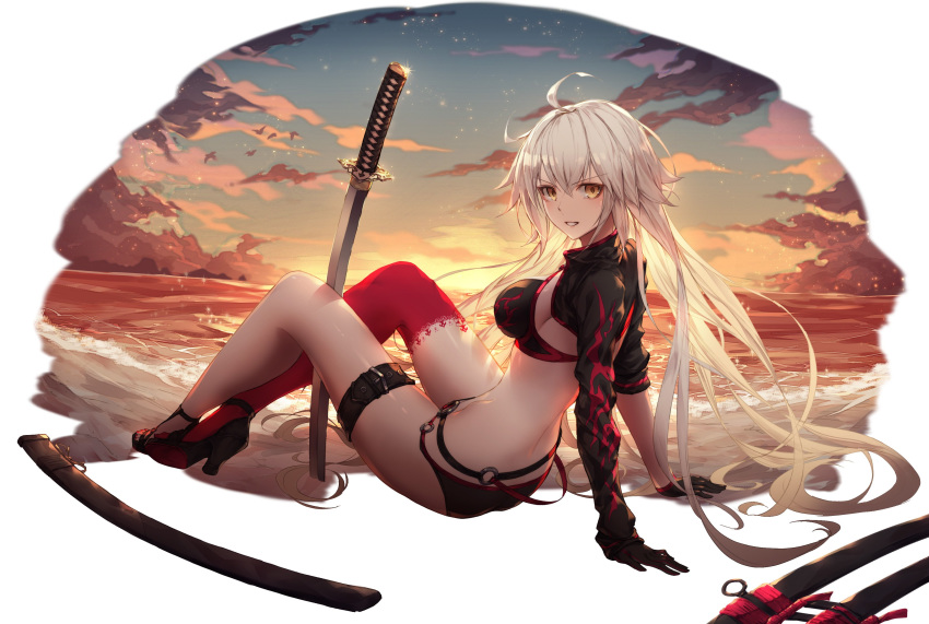 :d absurdres ahoge arm_support arms_behind_back asymmetrical_legwear bangs beach bikini black_bikini black_jacket blush breasts brown_eyes buckle cloud cloudy_sky commentary_request cropped_jacket crossed_ankles dusk eyebrows_visible_through_hair fate/grand_order fate_(series) full_body gloves godoju hair_between_eyes high_collar high_heels highres horizon jacket jeanne_d'arc_(alter_swimsuit_berserker) jeanne_d'arc_(fate)_(all) katana large_breasts leaning_back long_hair looking_at_viewer looking_to_the_side o-ring o-ring_bikini o-ring_bottom ocean open_mouth planted_sword planted_weapon reclining red_legwear sand sheath silver_hair single_thighhigh sitting sky smile solo sunset swimsuit sword thigh_strap thighhighs unsheathed v-shaped_eyebrows very_long_hair water weapon white_background yellow_eyes