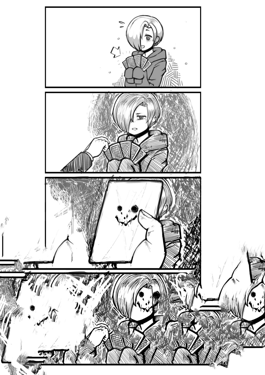 4koma :d absurdres bags_under_eyes card comic disgust earrings fourth_wall glitch greyscale hair_over_one_eye happy highres holding holding_card hood hoodie horror_(theme) idolmaster idolmaster_cinderella_girls jacy jewelry long_sleeves looking_at_another monochrome open_mouth playing_card poker_face shirasaka_koume short_hair smile sweatdrop what