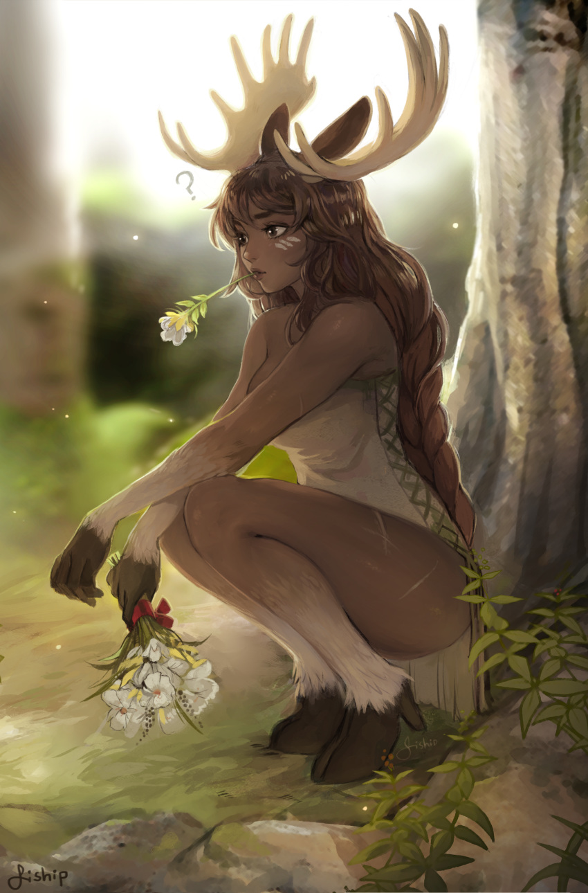? absurdres animal_ears antlers artist_name bare_shoulders blurry blurry_background bouquet braid brown_eyes brown_hair crossed_arms dark_skin day dress facial_mark flower flower_in_mouth full_body fur high_heels highres holding holding_bouquet hooves long_hair matilda_vin monster_girl moose_ears nature original outdoors plant scar solo squatting strapless strapless_dress very_long_hair