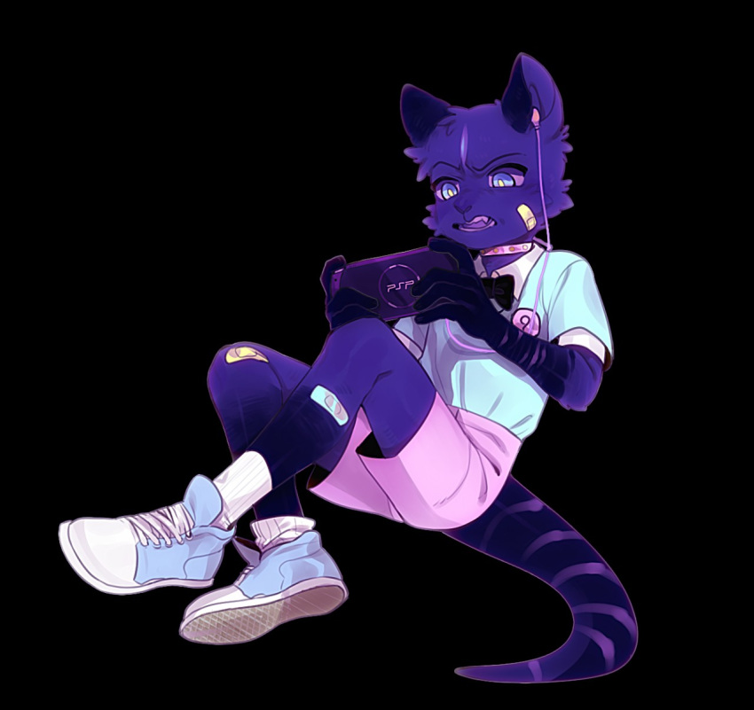 009w angry anthro band-aid bandage black_background blue_eyes cat clothed clothing collar earbuds feline footwear fur headphones legwear male mammal psp purple_fur shirt shoes simple_background sitting socks solo stripes