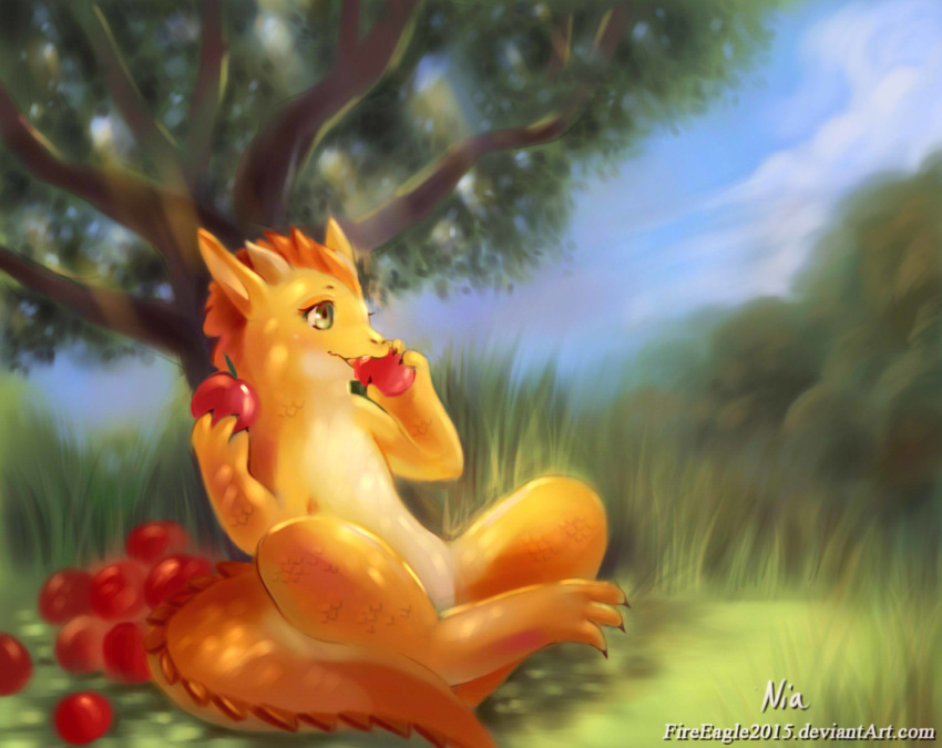 &lt;3 2018 apple bite claws cute dragon eating food forest fruit grass hi_res horn leaves male senz shadow sitting tree