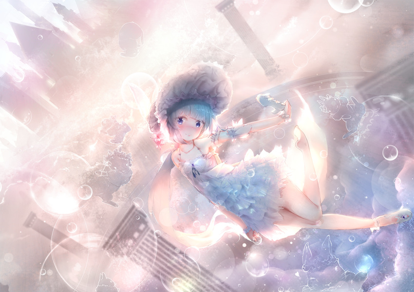 barefoot blue_eyes blue_hair blush bubbles dress futoshi_ame hat original short_hair