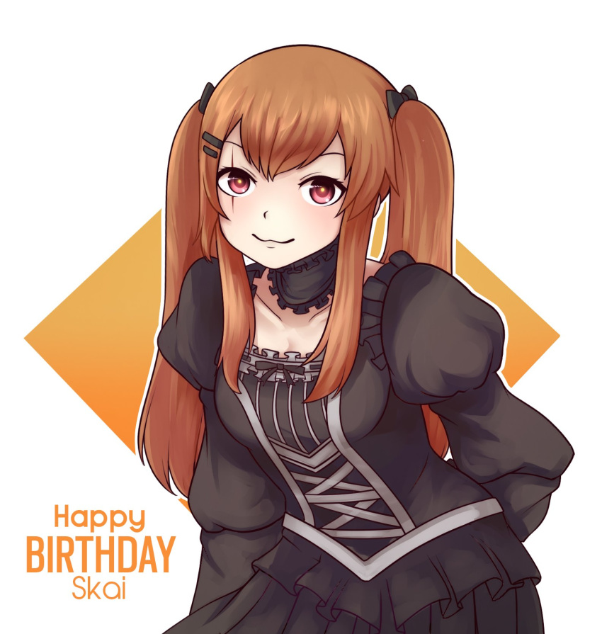 :3 alternate_costume arm_at_side bangs black_bow black_dress black_skirt bow breasts brown_eyes brown_hair cleavage collarbone detached_collar dress frilled_dress frills gift_art girls_frontline hair_bow hair_ornament hairclip happy_birthday highres jacket jacy long_hair looking_at_viewer medium_breasts pleated_skirt puffy_sleeves red_eyes scar scar_across_eye shirt sidelocks simple_background skirt smile solo standing twintails ump9_(girls_frontline) white_background