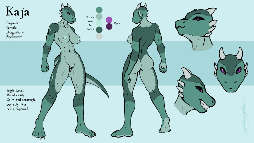 2019 4_toes abs anthro argonian athletic breasts claws dovahkiin english_text female front_view green_body green_scales h-key hi_res horn kaja_(h-key) lizard navel nipple_piercing nipples non-mammal_breasts nude piercing pussy rear_view reptile scales scalie scar skyrim smile solo standing teeth text the_elder_scrolls toe_claws toes video_games white_horn