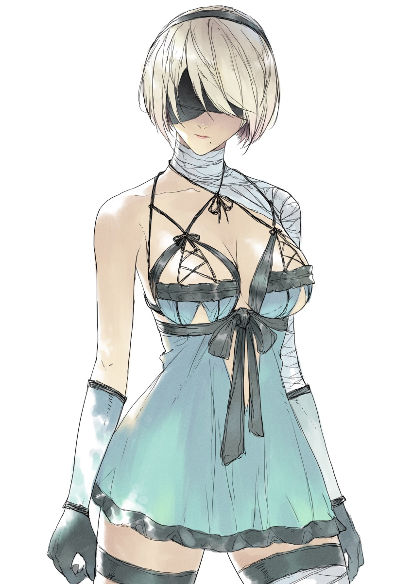absurdres alternate_costume asymmetrical_clothes backless_outfit bandaged_arm bandaged_neck bandages bare_shoulders black_blindfold black_gloves black_hairband blindfold blue_dress breasts cleavage collarbone cosplay covered_eyes devon_pan dress facing_viewer gloves hairband highres kaine_(nier) kaine_(nier)_(cosplay) large_breasts lingerie mole mole_under_mouth nier nier_(series) nier_automata pink_lips short_hair sideboob silver_hair standing thigh_strap underboob underwear yorha_no._2_type_b