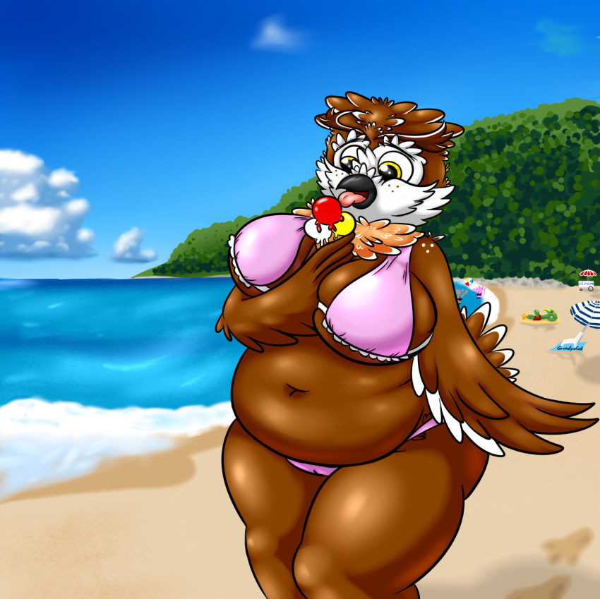 anthro avian beach beak belly big_belly big_breasts bikini bird breasts butt clothed clothing dessert eating feathers female food grandpaced holding_food holding_object ice_cream navel obese obese_female open_mouth overweight overweight_female owl phelia seaside solo swimsuit thick_thighs tongue wings
