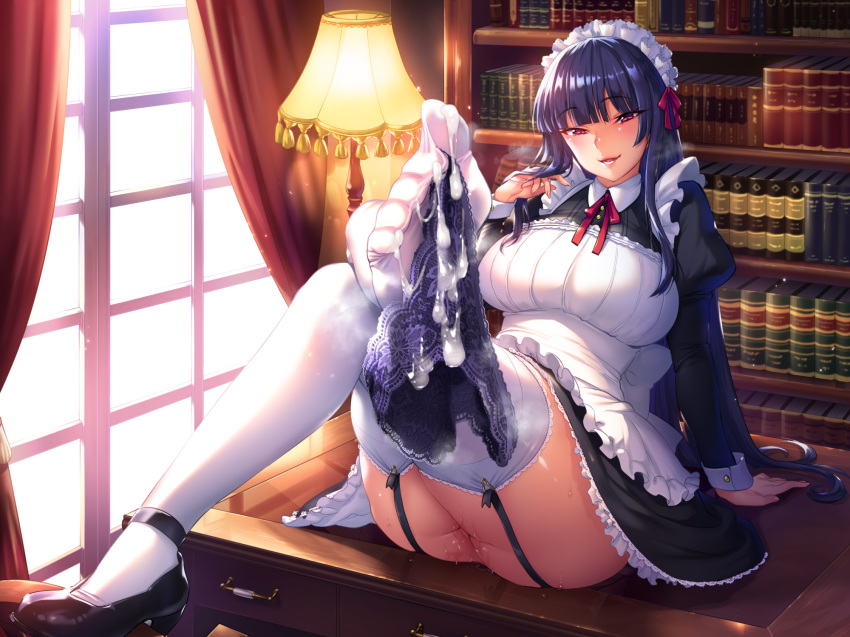 apron ass bangs blue_hair book bookshelf crossed_legs cum cum_on_clothes desk dress feet frills garter_straps hair_tousle highres lace lace_panties lamp leg_up long_hair looking_at_viewer maid maid_apron maid_headdress mary_janes minamoto non-web_source on_desk original panties pov_feet puffy_sleeves pussy_juice red_eyes shoes single_shoe sitting sitting_on_desk smile thighhighs thighs toes underwear white_legwear window wrist_cuffs