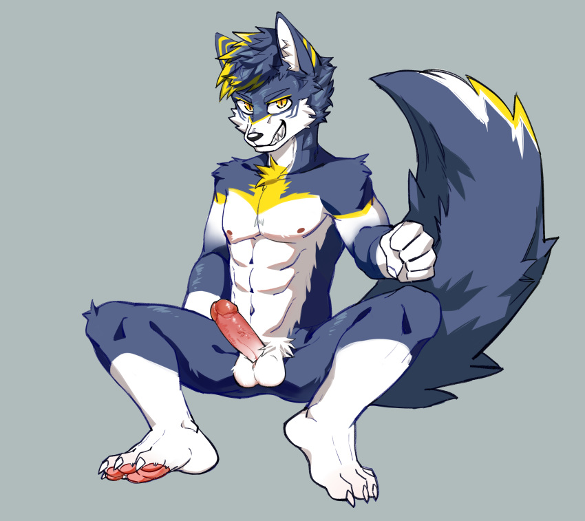 agonylight anthro biceps big_muscles canine clothed clothing daylight digital_media_(artwork) eyewear feet fur glasses gloves hi_res joeyzliaotang male mammal muscular obliques penis solo teeth white_fur wolf