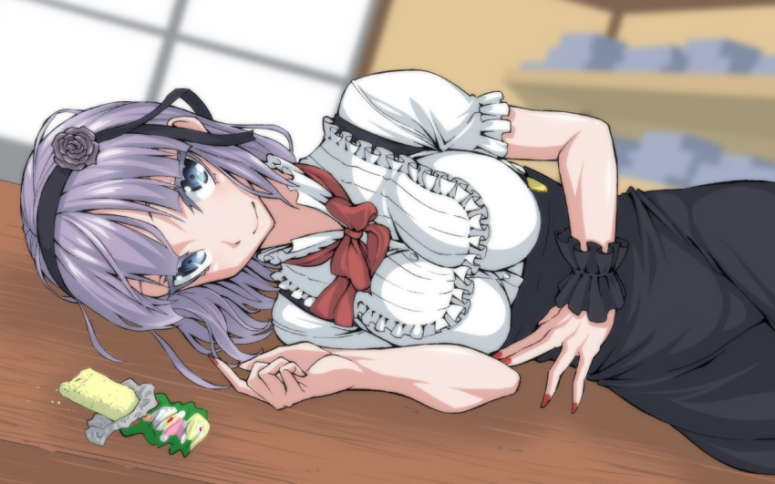 bangs black_skirt blue_eyes blurry blurry_background bow bowtie breasts closed_mouth dagashi_kashi depth_of_field dutch_angle flower food frilled_sleeves frills hair_flower hair_ornament hairband high-waist_skirt high_collar indoors large_breasts looking_at_viewer lying nail_polish on_back on_side ozaneko purple_hair red_nails red_neckwear shidare_hotaru shirt short_hair short_sleeves skirt smile solo suspender_skirt suspenders white_shirt wristband