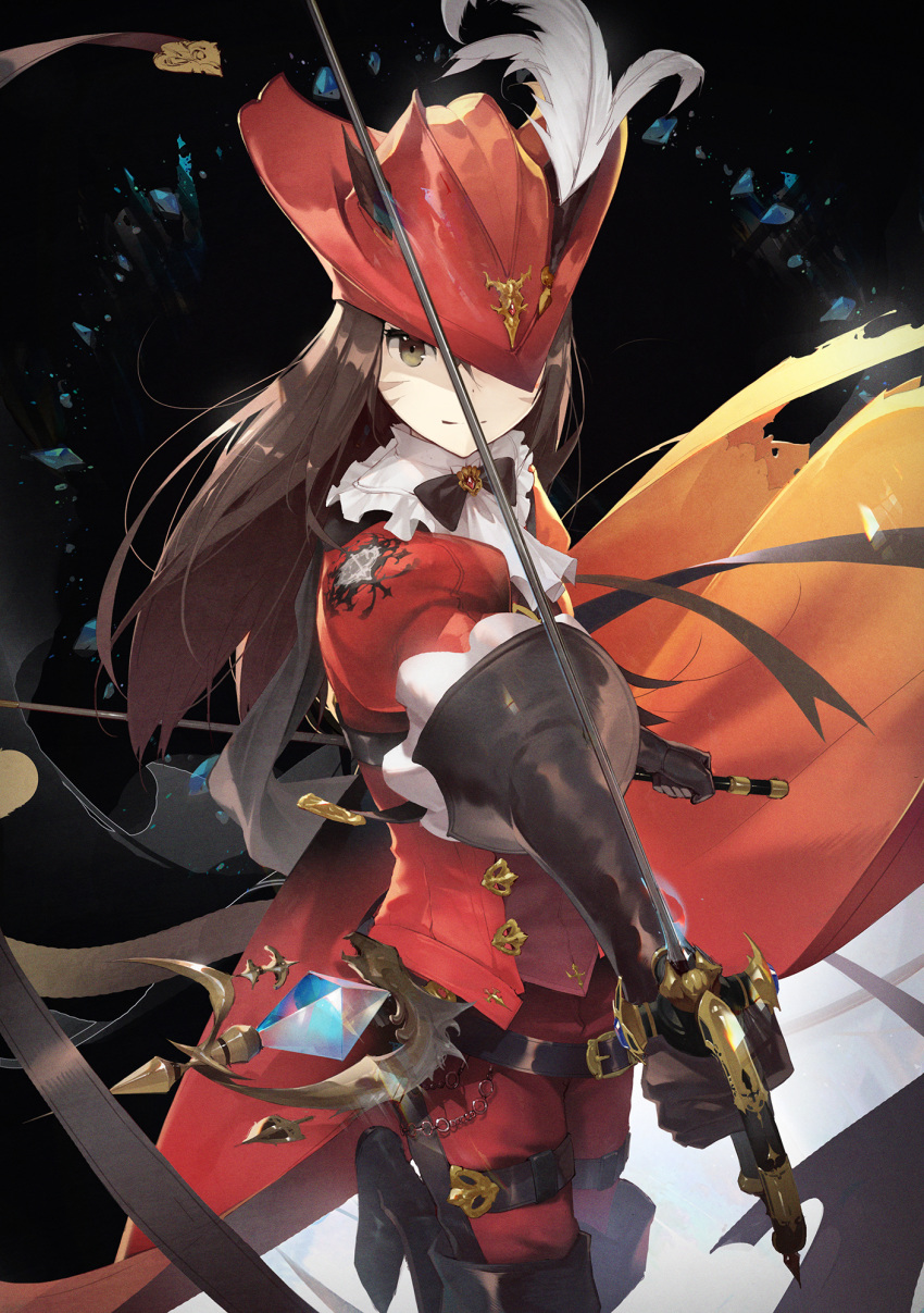 animal_ears black_background black_footwear black_gloves black_ribbon boots brown_eyes brown_hair cat_ears cowboy_shot dual_wielding facial_mark feathers final_fantasy final_fantasy_xiv gloves hat hat_feather hat_over_one_eye highres holding holding_sword holding_weapon kieed long_hair looking_at_viewer miqo'te one_eye_covered red_hat red_mage reverse_grip ribbon simple_background solo sword weapon